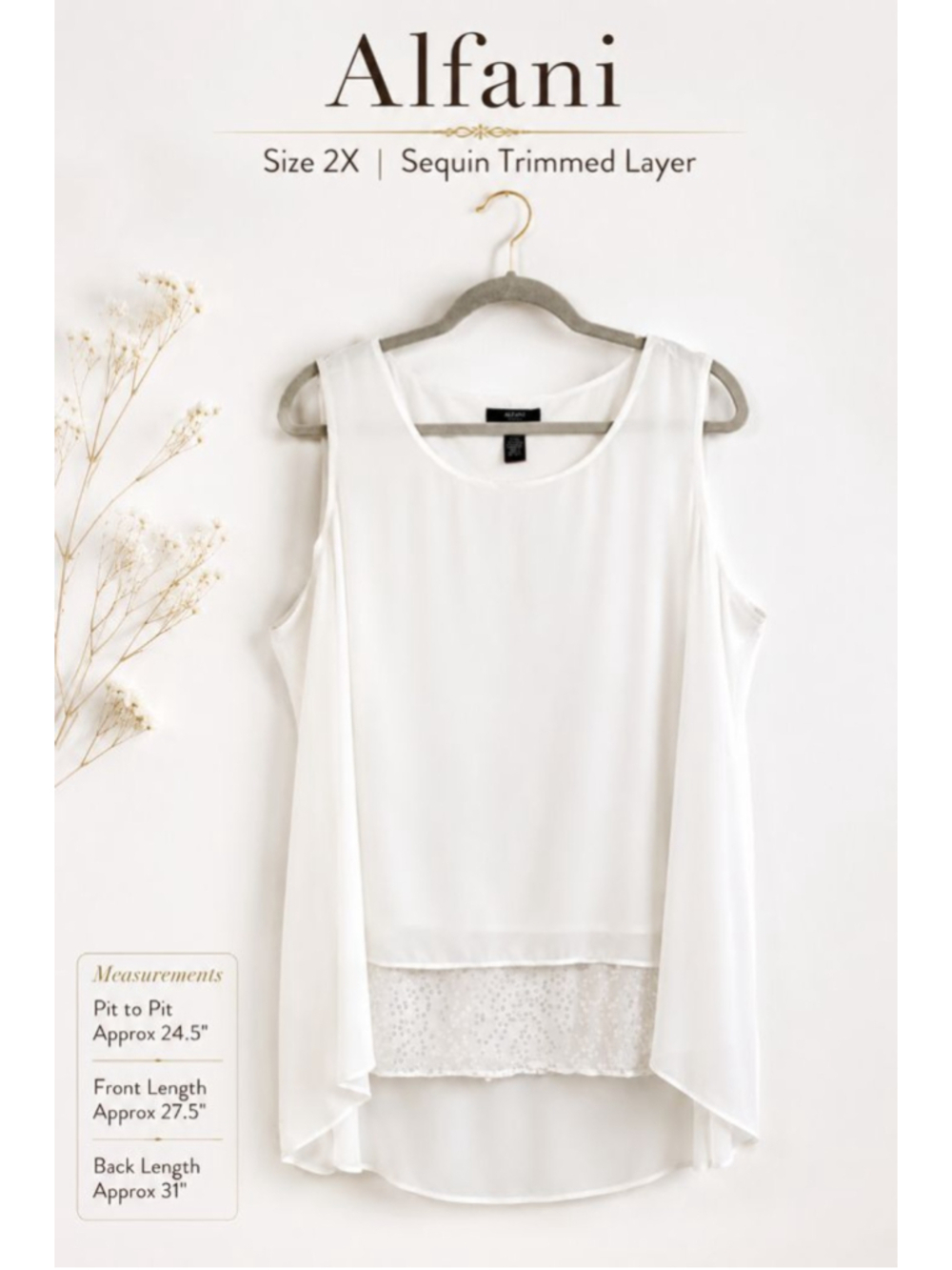 Alfani Woman 2X White Layered Sequin Hem Tank Top Sleeveless Chiffon Hi Low